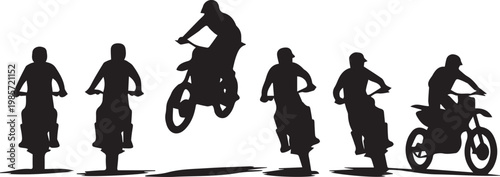 Silhouettes of people engaging in various forms of two-wheeled transportation