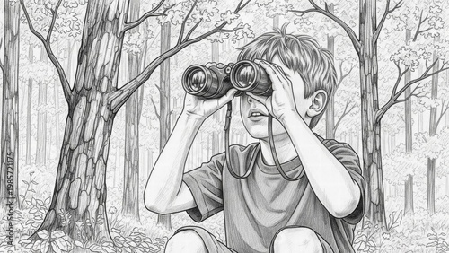 Boy Observing the Forest: A young boy intently uses binoculars to observe the forest, evoking curiosity and wonder with the monochrome tones.