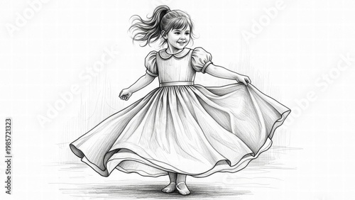 Whirlwind of Joy: A charming girl in a flowing dress twirls with unbound delight, her laughter echoing in a world of pure, childlike glee.