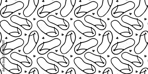 Seamless black and white pattern featuring hand-drawn flip flops and small hearts. Ideal for backgrounds, textiles, wallpaper, packaging, greeting cards and summer design projects. Simple monochrome.