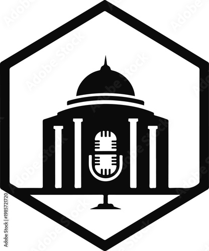 Iconic building silhouette with a vintage microphone in the center, symbolizing broadcast, podcast, or public speaking events with a classic, professional aesthetic