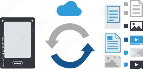 Digital mobile device showing the process of synchronizing cloud storage files and multimedia content for modern remote professional business usage