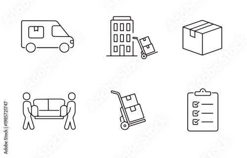 Delivery icons showing van building box movers hand truck and checklist in simple line style