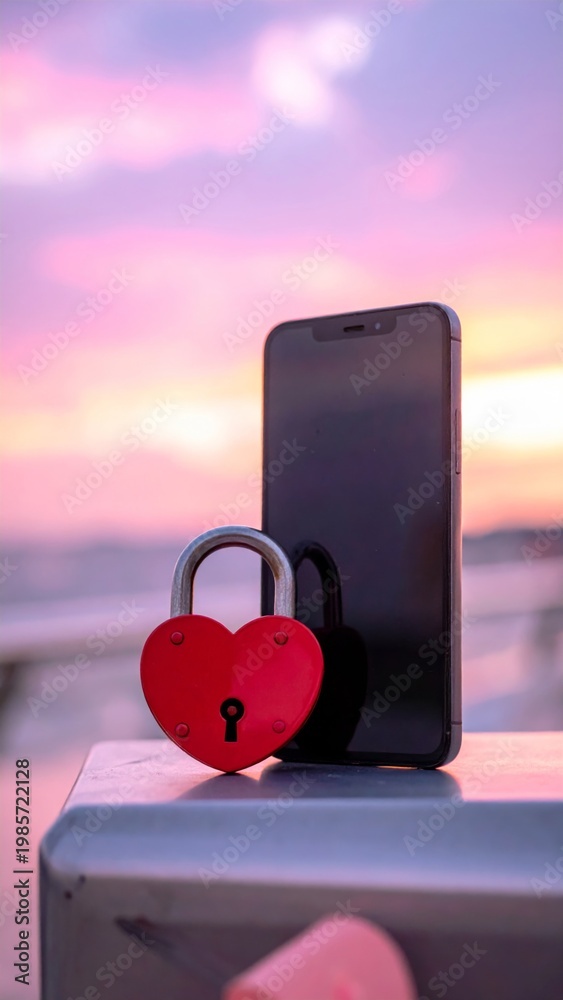 Fototapeta premium Heart Shaped Padlock and Smartphone Against Pink Sky Sunset Over Ocean Waterfront