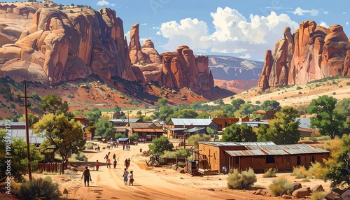 A desert town nestled between large red rock formations