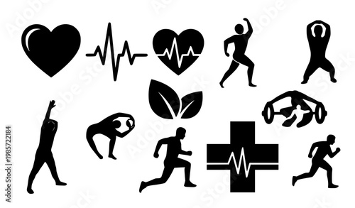 Good health silhouette icon set vector wellness medical symbols isolated on white