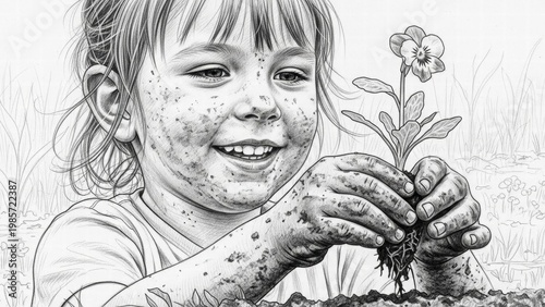 Joyful Gardener Nurturing Life: A young girl, covered in dirt, beams with joy as she plants a delicate flower, embodying the spirit of growth and the wonder of nature. 