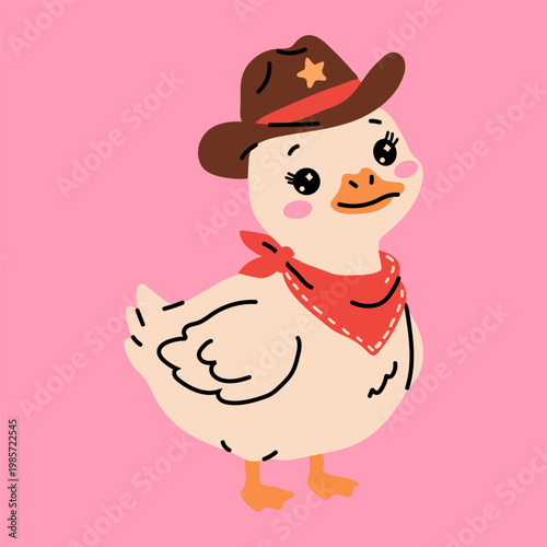 Cute Cowgirl Duck Cartoon Illustration on Pink Background
