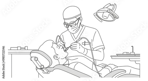 Dentist examining patient's teeth in a dental chair with treatment examination procedure equipment instrument cleaning dentistry professional illustration background operation medicine