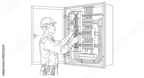 Electrician working on an open electrical panel with wires and circuit breakers electrician electrical industry profession technician maintenance installation equipment engineering building