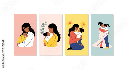 Four diverse women in attire, sitting and smiling, in bright pastel woman portrait