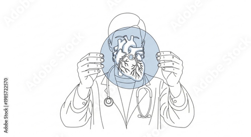 Doctor holding a human heart in front of face conceptual medical illustration cardiology healthcare treatment diagnosis research medicine physician hospital wellness education illustration