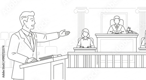 Lawyer presenting case in courtroom with judge and jury in background legal proceedings courtroom government presentation advocate attorney pleading argument prosecution illustration
