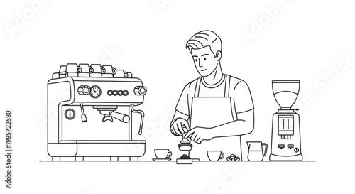 Barista preparing coffee with an espresso machine and coffee grinder espresso beverage preparation profession hospitality employee illustration equipment appliance commercial