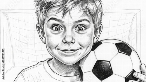 Young Boy and Soccer Ball: A delighted boy holds a soccer ball with a beaming smile, full of anticipation, set against a soccer goal background, embodying the simple joy of sport and childhood.