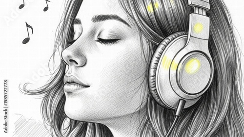 Harmony in Sound: A woman is immersed in the symphony of music, her eyes gently closed as she wears a set of headphones, with musical notes dancing in the air.