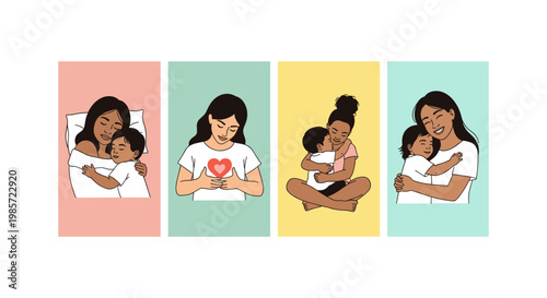 Four diverse women in business attire sitting and smiling at a table, flat woman suit skirt dress