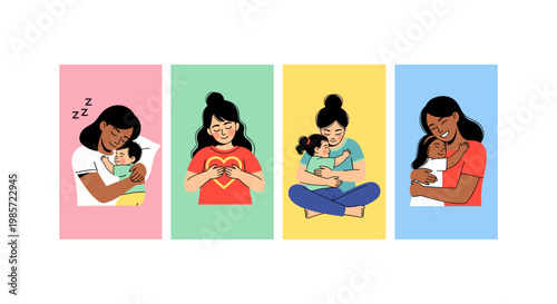 Four illustrated women in different colored backgrounds using laptops and tablets woman pink green