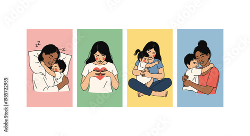 Four mothers with babies in colorful pastel rooms baby child infant cradle