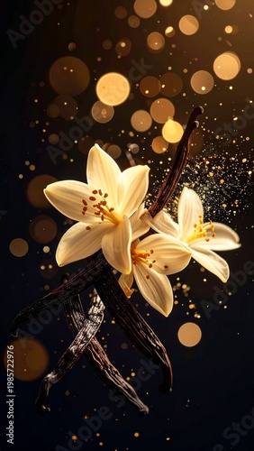 Delicate White Vanilla Orchids With Dark Pods And Golden Bokeh Lights