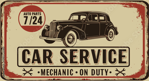 Vintage car service and gas station vector metal sign. Gas station for car, metal grunge banner vector illustration. SVG version.