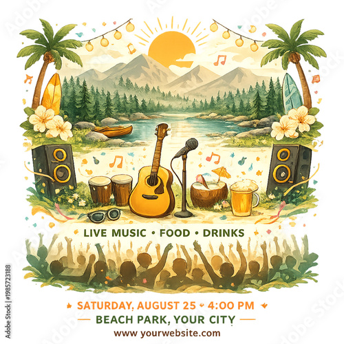 summer music festival poster design, music festival poster, summer concert flyer, festival poster template, live music event design, vibrant festival poster, DJ event flyer, outdoor concert poster, mu