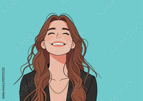 Stylish Woman with Long Wavy Hair Laughing