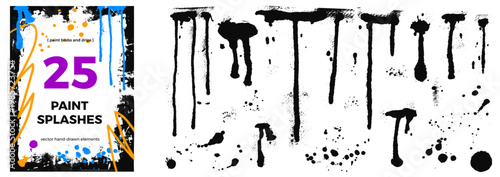 Spray drip and paint splatter with grunge splotch and ink splodge on white. Urban graffiti spray with stain and drip texture for street art poster. Raw hand drawn vector set with dot and blob.