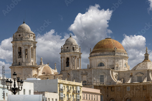 Cathedral of Cadiz,  baroque and neoclassical landmark with golden dome by bay of Atlantic Ocean, Cadiz, Spain, Andalusia