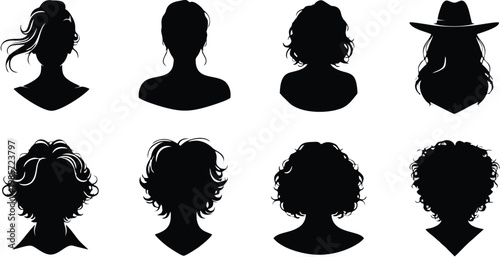 Elegant Female Hair Silhouette Vector Set Featuring Diverse Hairstyles, Including Curly, Wavy, Short, Long, Updos, and a Cowboy Hat for Modern Logo Design