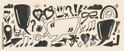 Speech bubble and crayon quotation frames made with rough pencil lines. Smudged callout clouds, hearts, and arrows for expressive talk art. Charcoal doodle collage with a bold grunge mood. Vector bg.