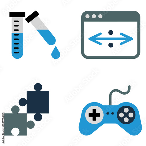 Vector of various icons including a test tube, browser window, puzzle pieces, and game controller.