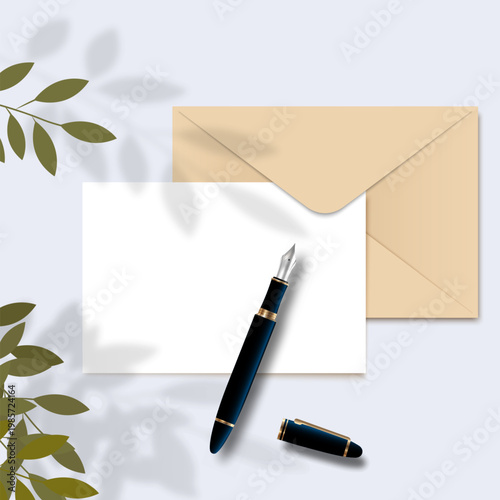 Envelope, empty sheet paper and black gold fountain pen with leaves shadow overlay effect, leaves with blurred transparent soft light shadow