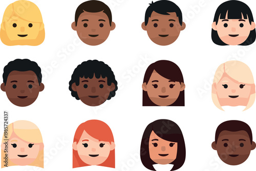 Diverse Collection of Vector Illustrations Featuring Different Hairstyles and Skin Tones for Character Design and Personalization