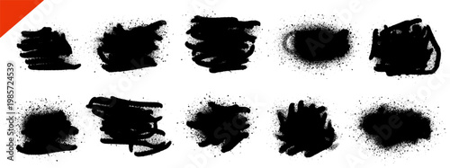 Spray paint grunge text boxes with rough splatter and ink texture. Street spray art frames with bold splotch for poster and banner. Black vector paint elements in urban stencil effect isolated.