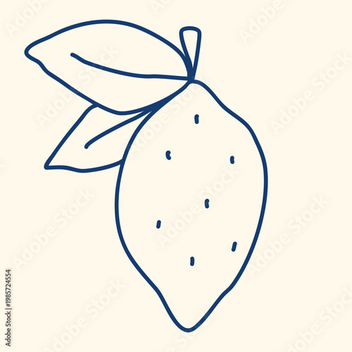 Whole lemon with leaf in doodle style. Hand drawn blue ink citrus fruit, clip art. Vector graphic