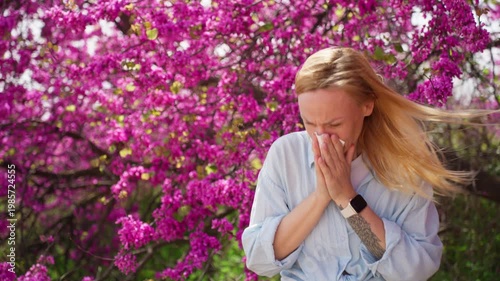 Allergic woman sneezing and suffering from seasonal allergies, hay fever and pollen allergy with background of blooming purple judas trees in spring garden.Concept of hay fever, spring health issues
