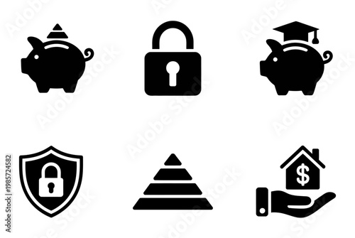 Vector of financial security icons including savings and protection symbols