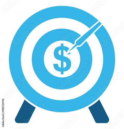 Vector graphic of a blue target with a dollar sign hit by an arrow, symbolizing financial success.