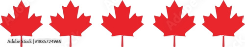 Five red maple leaf icons arranged in a horizontal line, symbolizing Canadian identity and national pride on a clean white background.