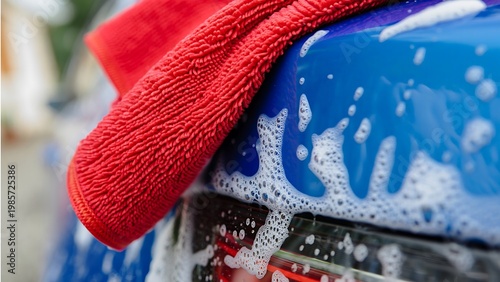 Blue car with soap suds and red microfiber cloth car wash cleaning