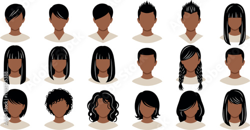 Diverse Collection of Vector Portraits Featuring Various Hairstyles Including Short, Long, Curly, Braided, and Straight Styles for Personalization and Customization