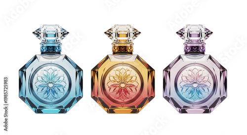 Set of three colorful glass perfume bottles with floral designs isolated on transparent background