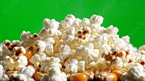 Popcorn expands against vibrant green screen concept. Close up of fresh popcorn kernels popping with vibrant green background for snack and food concepts