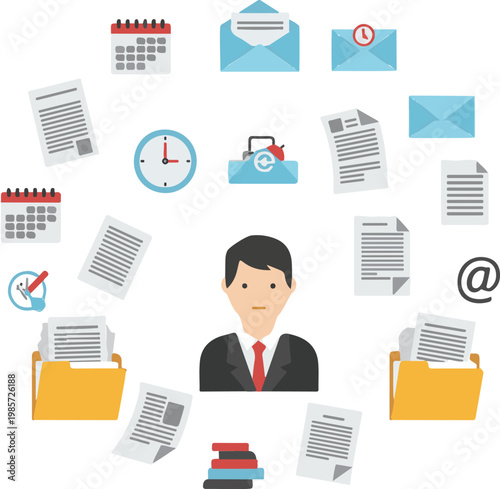 Professional businessman managing multiple office documents and digital communication tasks while balancing his daily workload in a modern corporate environment