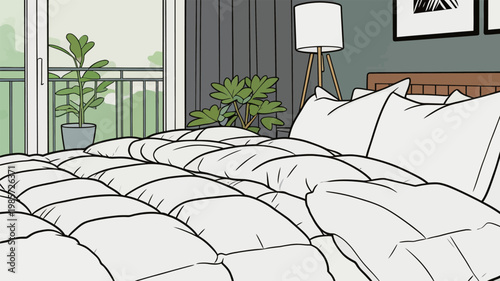 Cozy bedroom interior with white bed and plants