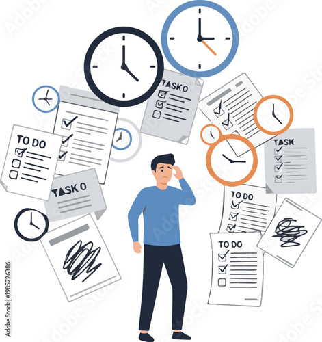 Stressed man feeling overwhelmed by many deadlines and a heavy workload of pending tasks while checking his busy schedule daily