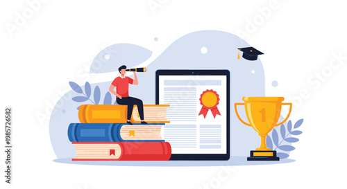 Miniature businessman with a telescope sitting on a stack of books next to a digital tablet and a large gold trophy cup.