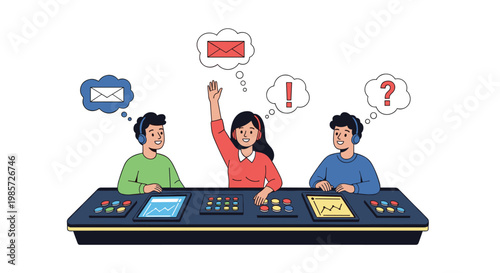 Team of diverse customer service agents wearing headsets work at a modern console with multiple screens and buttons for client assistance.