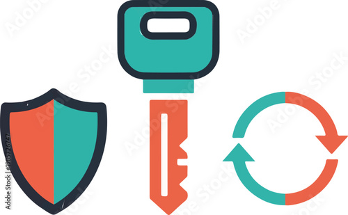 Digital protection icon featuring a secure metal key paired with a defensive shield and a circular refresh loading symbol